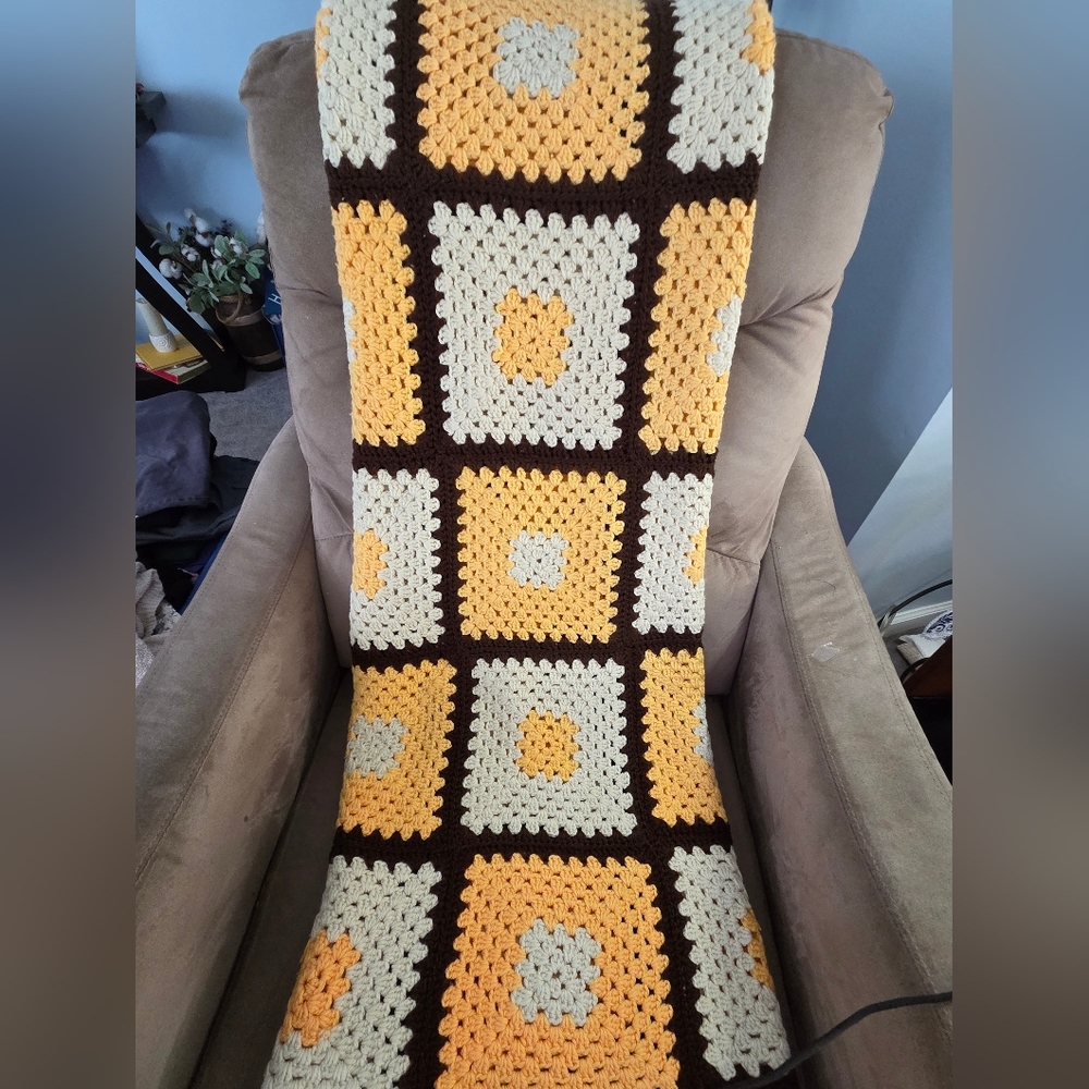 Handmade Crochet Granny Square Blanket 54x40 | Chocolate Peach Cream - Picture 6 of 7